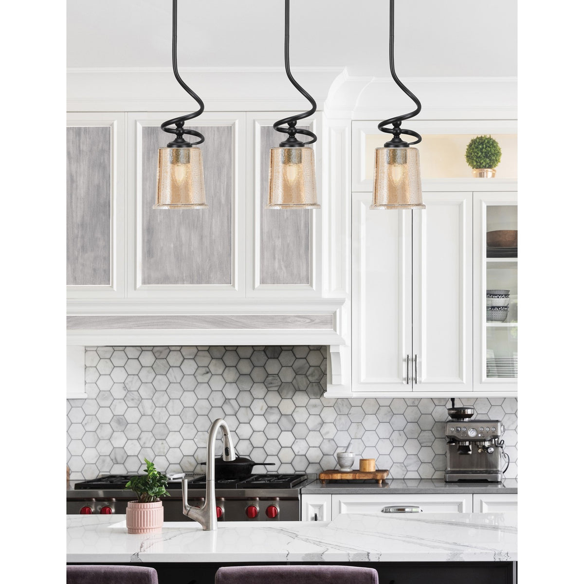 Toltec Capri 5in 1-Light Mini Pendant | Modern Matte Black and Amber Bubble Glass | Kitchen Island & Dining Room | 5 x 16 in | Model 901-MB-5033