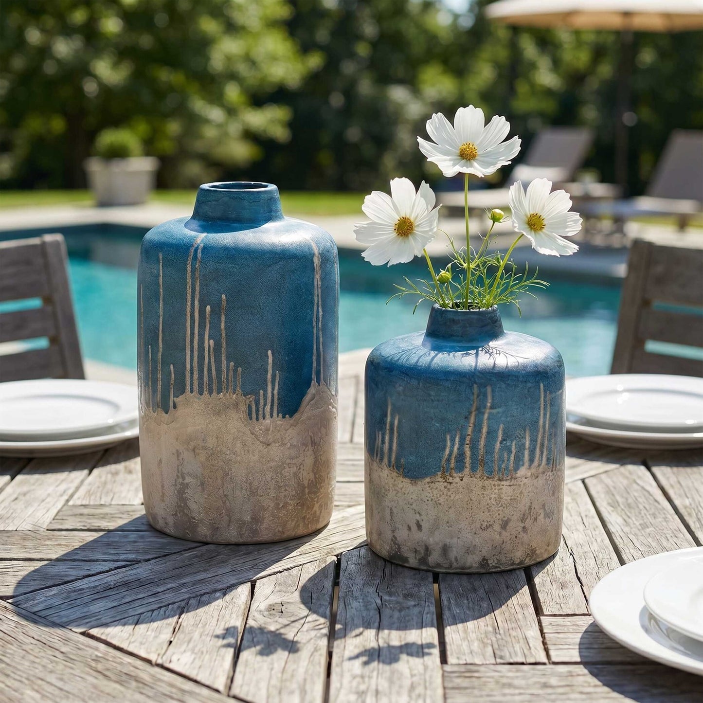Uttermost Coastal Cascade Set/2 Indoor-Outdoor Blue Vases | Ocean-Blue Glaze | Shelf & Patio Decor | 8.25 x 8.25 x 13.5 in | Model 17151