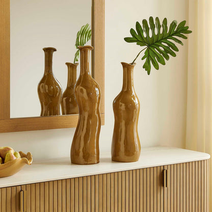 Uttermost Sienna Flow Bottle Vases Set/2 | Earthy Brown Glazed Earthenware | Shelf & Mantel Decor | 7 x 7 x 26 in | Model 18390