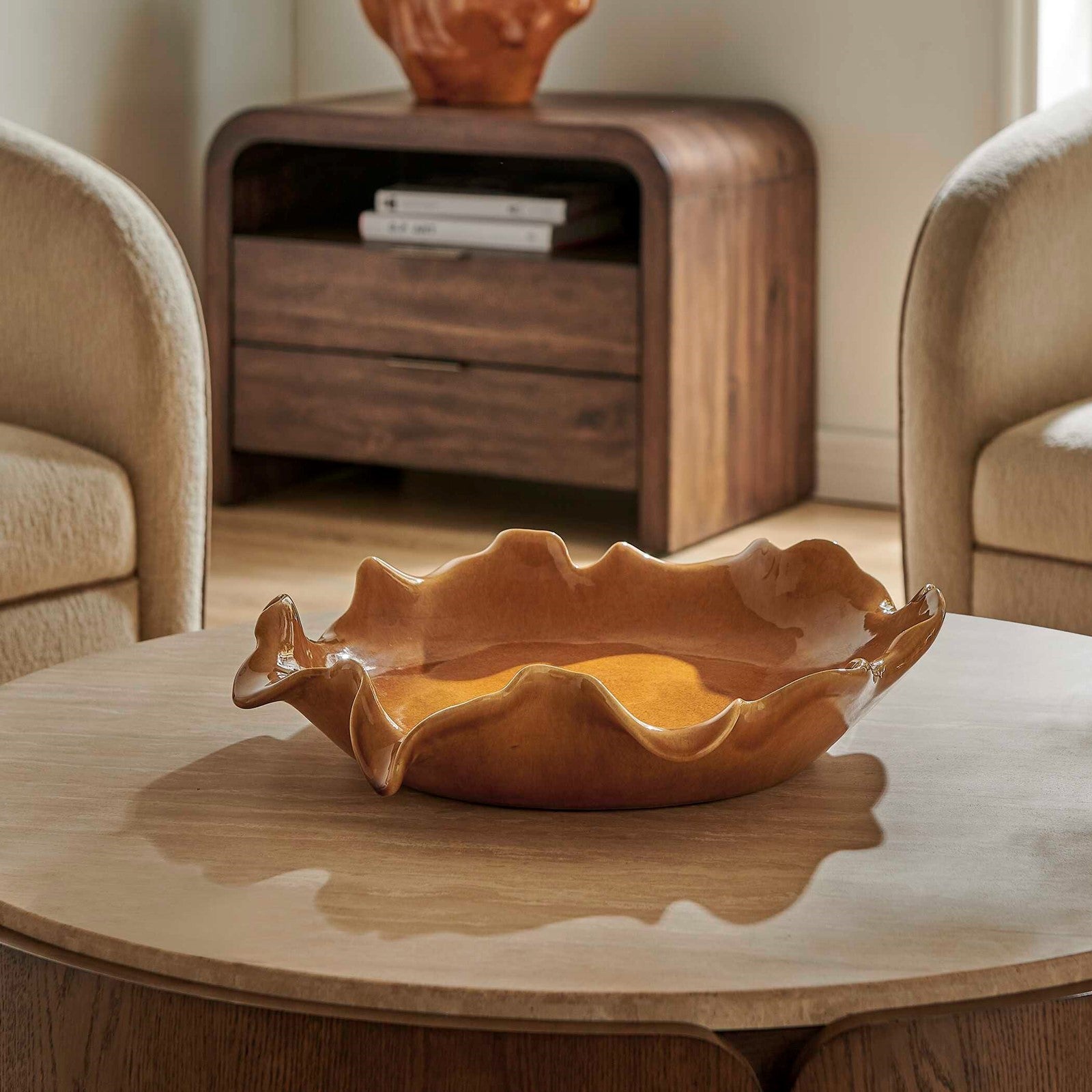 Uttermost Golden Crest Ruffle 20in Decorative Bowl | Honey Glaze Earthenware | Indoor & Outdoor Centerpiece | 20 x 20 x 4 in | Model 18392