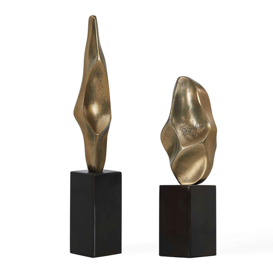 Uttermost Fluid Geometry Set/2 Gold Sculptures | Antiqued Gold Aluminum on Black Bases | Shelf & Tabletop Decor | 19in H | Model 18393