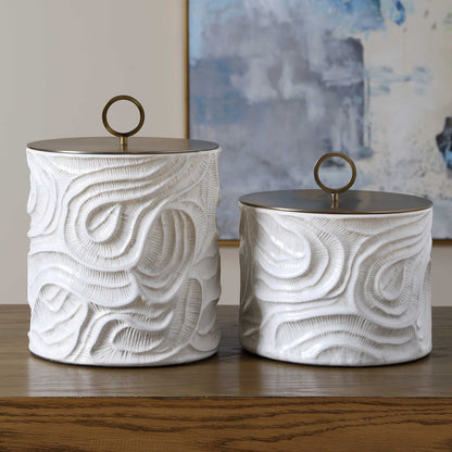 Uttermost Ivory Tide Set/2 Canisters | Ivory Ceramic with Metallic Lids | Decorative Storage for Kitchen & Bath | 11in H | Model 18395