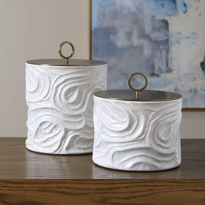 Uttermost Ivory Tide Set/2 Canisters | Ivory Ceramic with Metallic Lids | Decorative Storage for Kitchen & Bath | 11in H | Model 18395