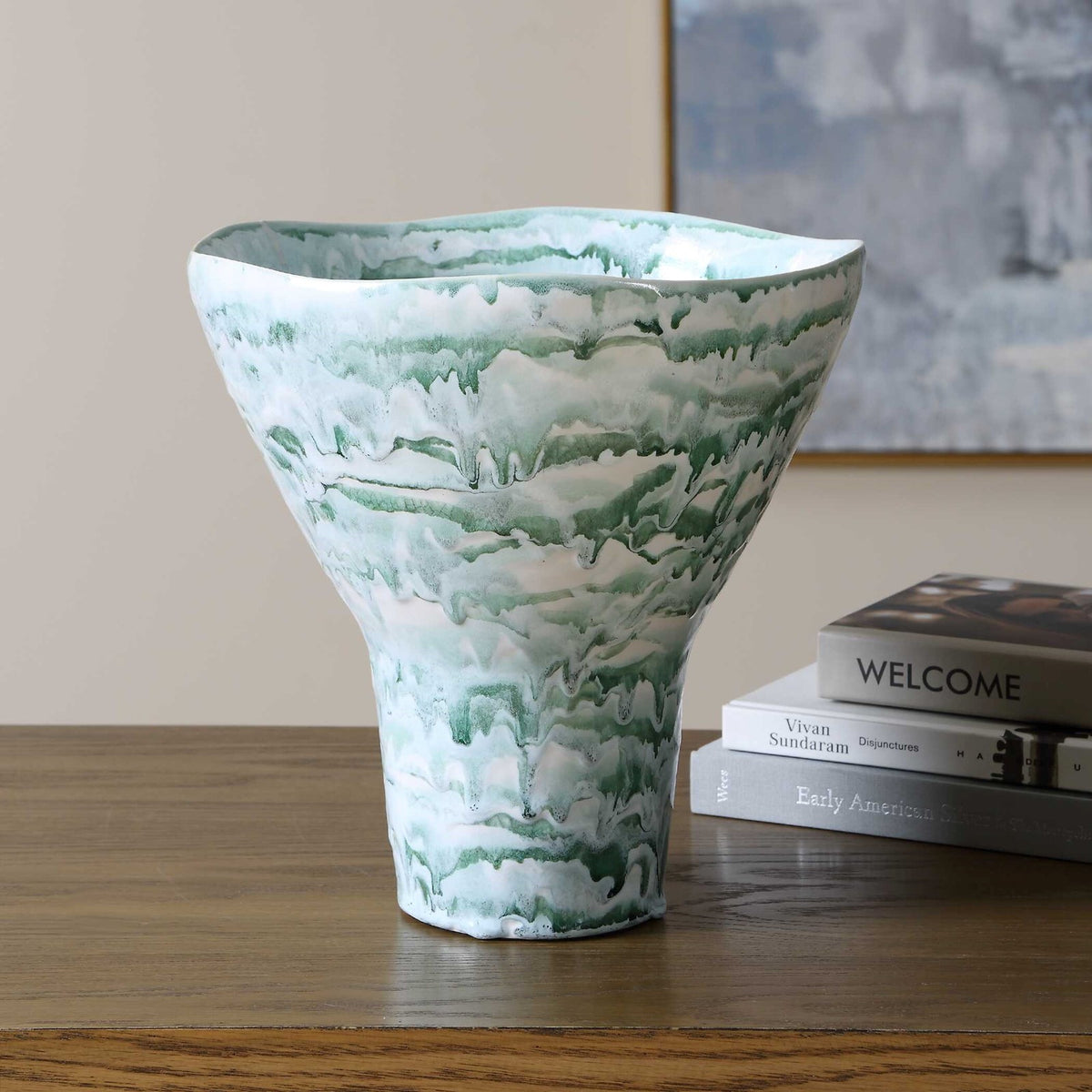 Uttermost Jameis Ceramic Watercolor Vase | Blue Green Gray Marbled Glaze | Living Room & Entryway Decor | 11.5 x 11 x 11 in | Model 18396