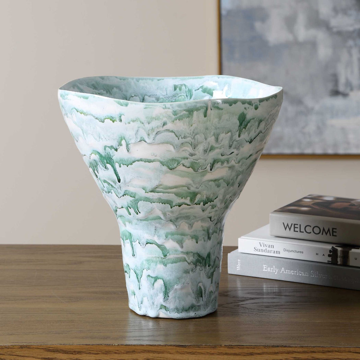 Uttermost Jameis Ceramic Watercolor Vase | Blue Green Gray Marbled Glaze | Living Room & Entryway Decor | 11.5 x 11 x 11 in | Model 18396