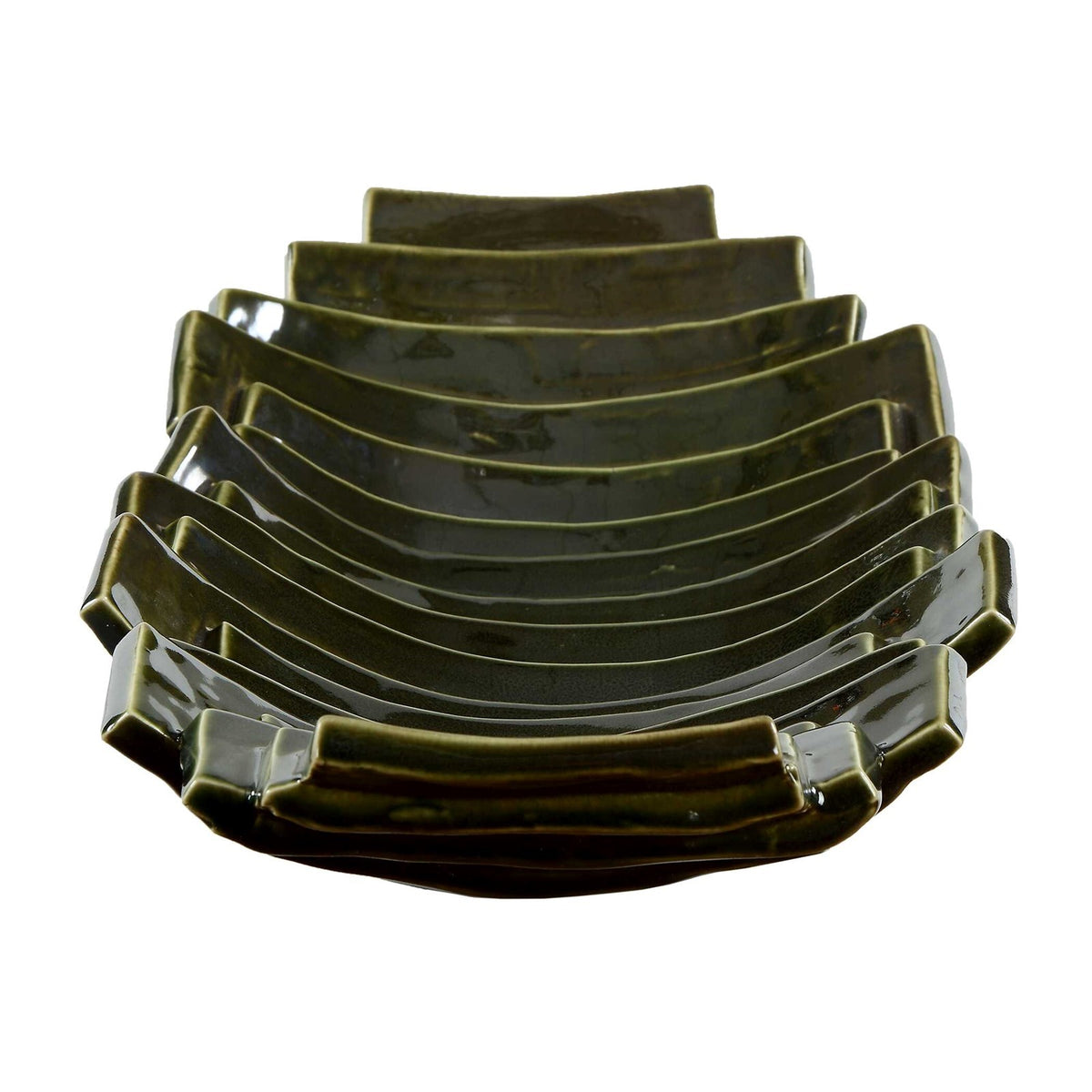 Uttermost Harbor Ridge Olive Green Ceramic Bowl | Glossy Ridged Sculptural | Coffee Table & Shelf Decor | 18.25 x 8.5 x 3.25 in | Model 18398