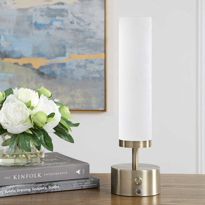 Uttermost Auden Rechargeable LED Accent Lamp | Light Antique Brass & Frosted Acrylic | Bedside & Shelf Lighting | 5 x 5 x 17 in | Model 30688-1