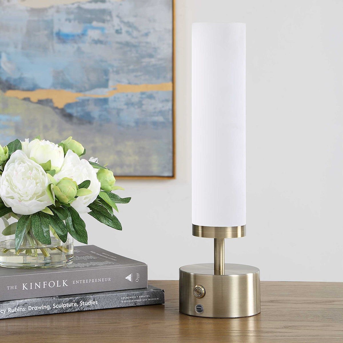 Uttermost Auden Rechargeable LED Accent Lamp | Light Antique Brass & Frosted Acrylic | Bedside & Shelf Lighting | 5 x 5 x 17 in | Model 30688-1