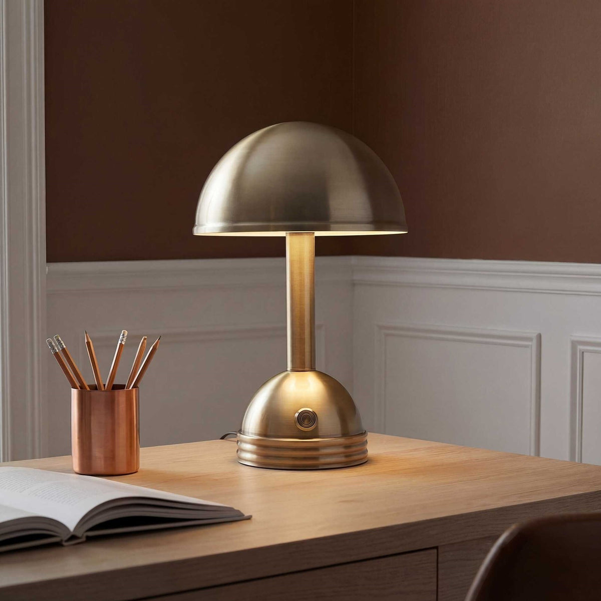 Uttermost Breece Rechargeable LED Accent Lamp | Brass-Plated Iron Dome | Bedside & Shelf Lighting | 7.25 x 7.25 x 11.25 in | Model 30689-1