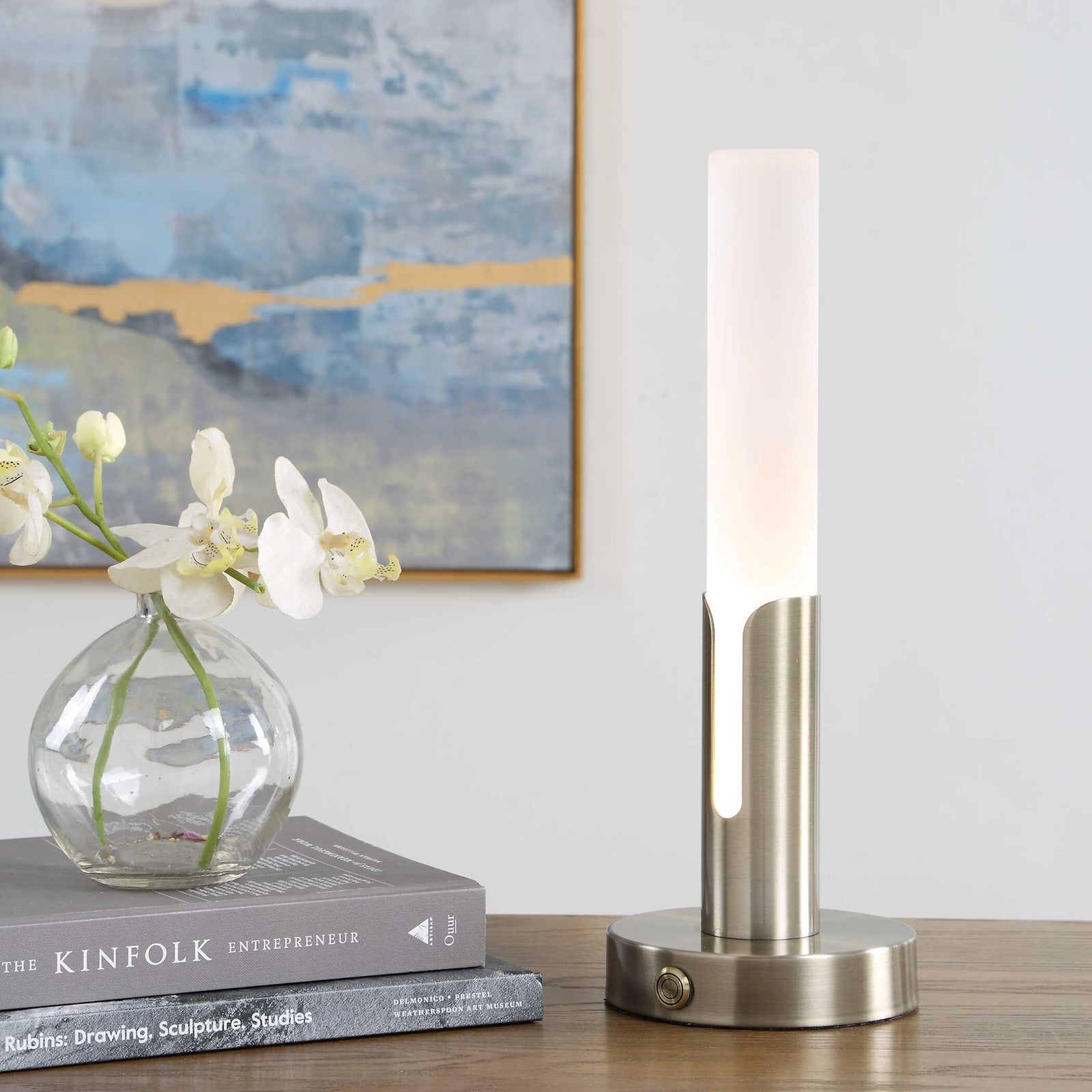 Uttermost Tron Rechargeable LED Accent Lamp | Plated Brass & Frosted Acrylic | Bedside & Shelf Lighting | 5.5 x 5.5 x 15.25 in | Model 30690-1