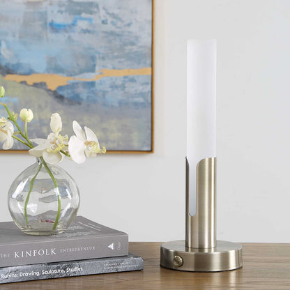 Uttermost Tron Rechargeable LED Accent Lamp | Plated Brass & Frosted Acrylic | Bedside & Shelf Lighting | 5.5 x 5.5 x 15.25 in | Model 30690-1