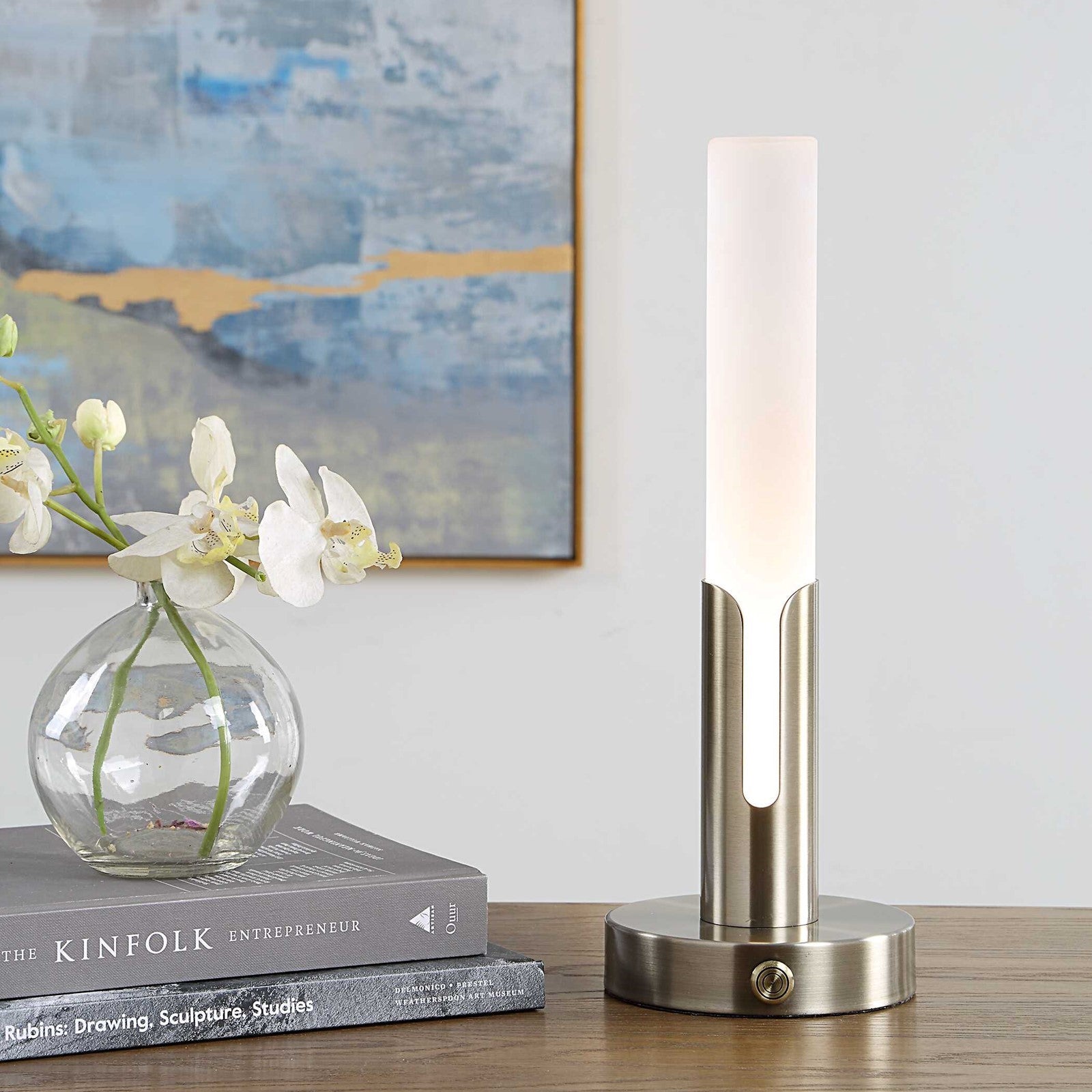 Uttermost Tron Rechargeable LED Accent Lamp | Plated Brass & Frosted Acrylic | Bedside & Shelf Lighting | 5.5 x 5.5 x 15.25 in | Model 30690-1