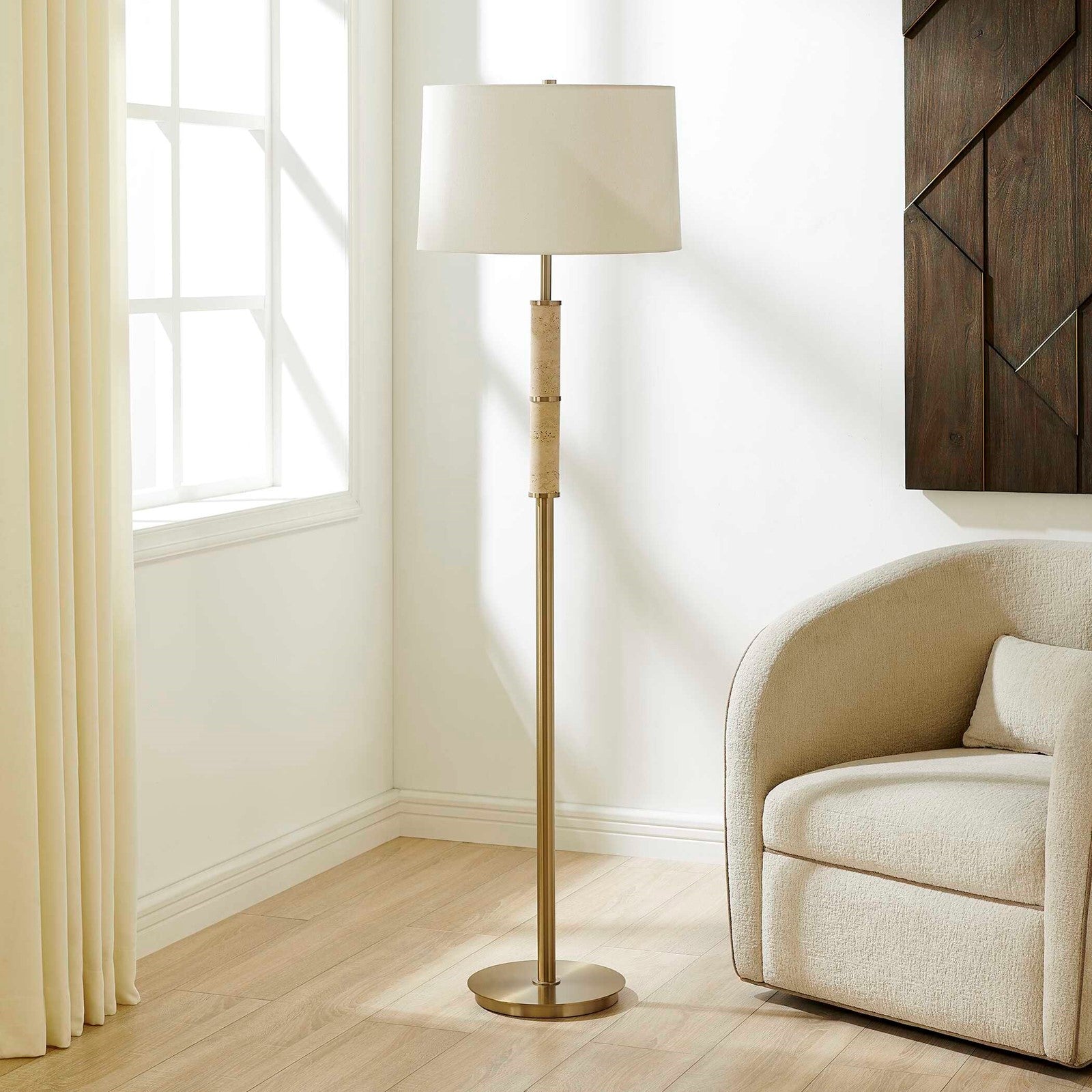 Uttermost Verlaine Travertine Floor Lamp | Antique Gold and White Linen | Living Room & Reading Nook | 17.5 x 17.5 x 63.5 in | Model 30736-1