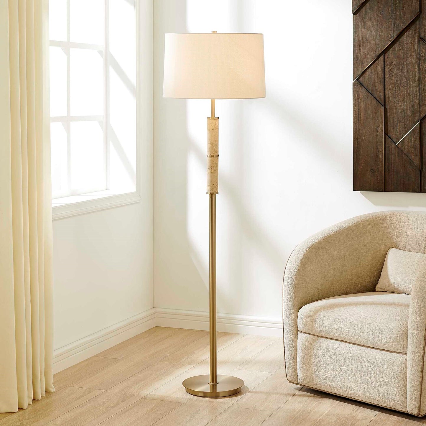 Uttermost Verlaine Travertine Floor Lamp | Antique Gold and White Linen | Living Room & Reading Nook | 17.5 x 17.5 x 63.5 in | Model 30736-1