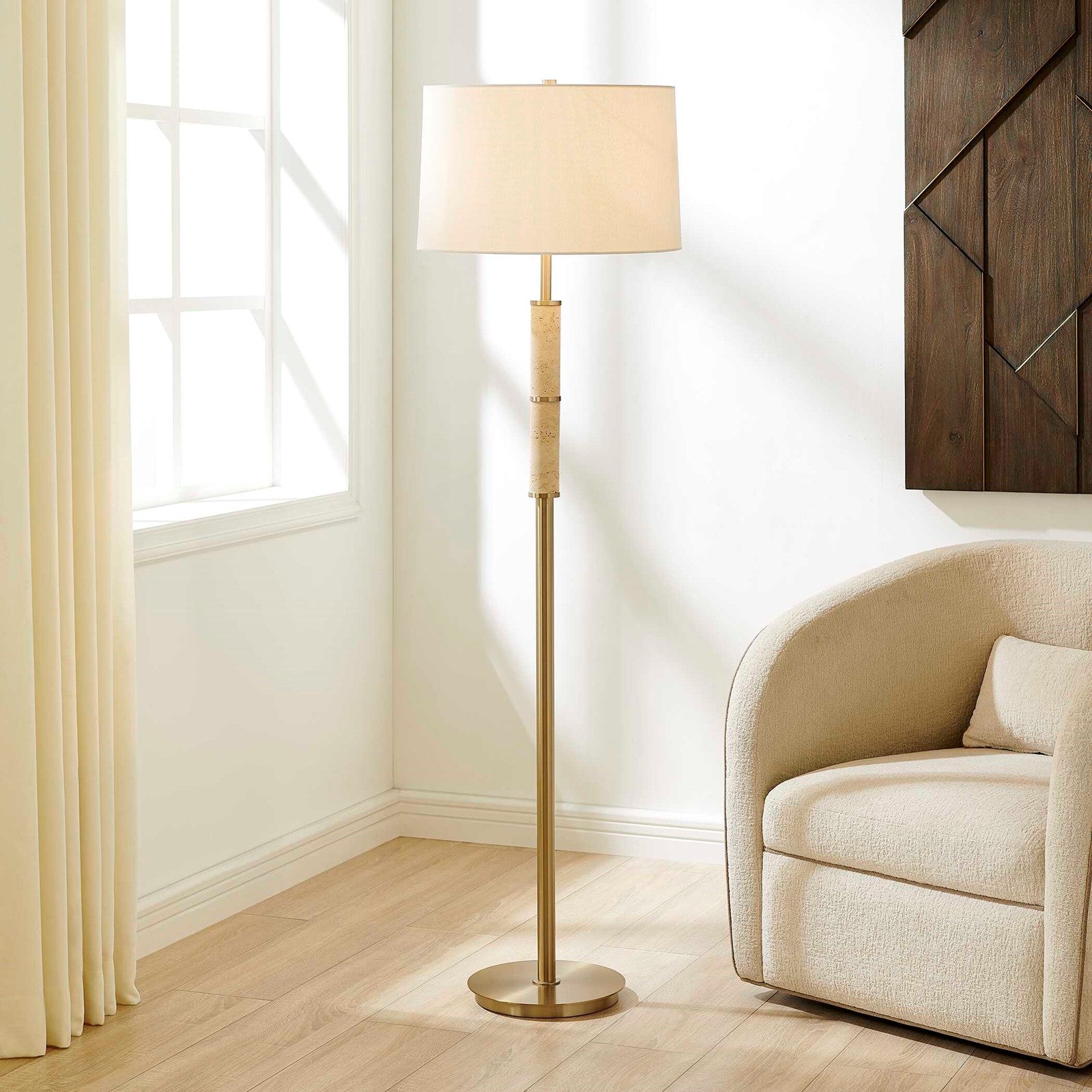 Uttermost Verlaine Travertine Floor Lamp | Antique Gold and White Linen | Living Room & Reading Nook | 17.5 x 17.5 x 63.5 in | Model 30736-1