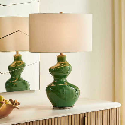 Uttermost Esall Dark Green Table Lamp | Antique Brass and White Linen | Living Room & Bedside | 19 x 10 x 28.75 in | Model 30737-1