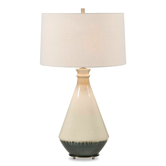 Uttermost Banham 18in 1-Light Table Lamp | Glossy Beige and Matte Gray Ceramic with Antique Brass and White Linen Shade | Living Room | Model 30742-1
