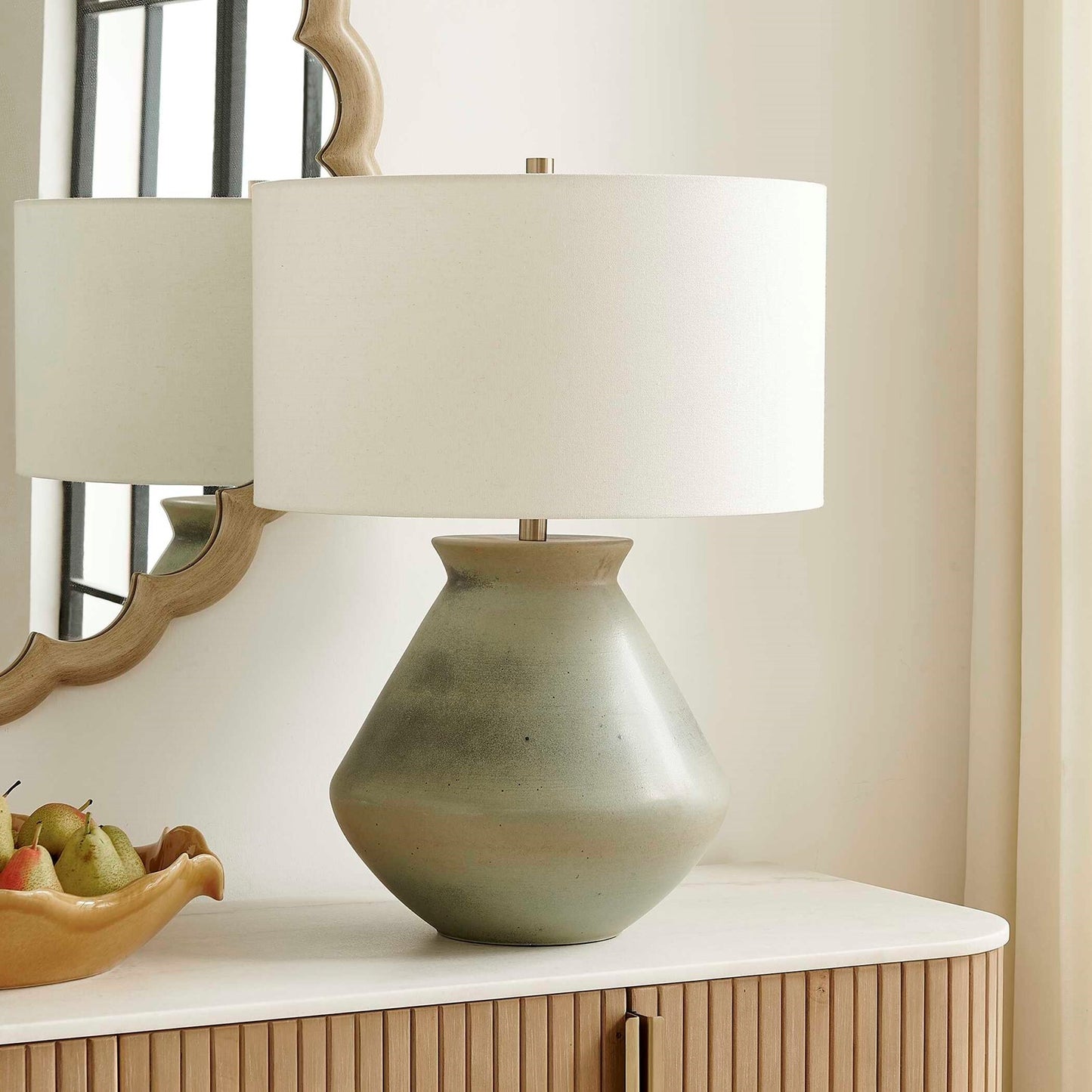 Uttermost Natrone 20in 1-Light Table Lamp | Distressed Sage Green Ceramic with Antique Brass and White Linen Shade | Living Room | Model 30743-1