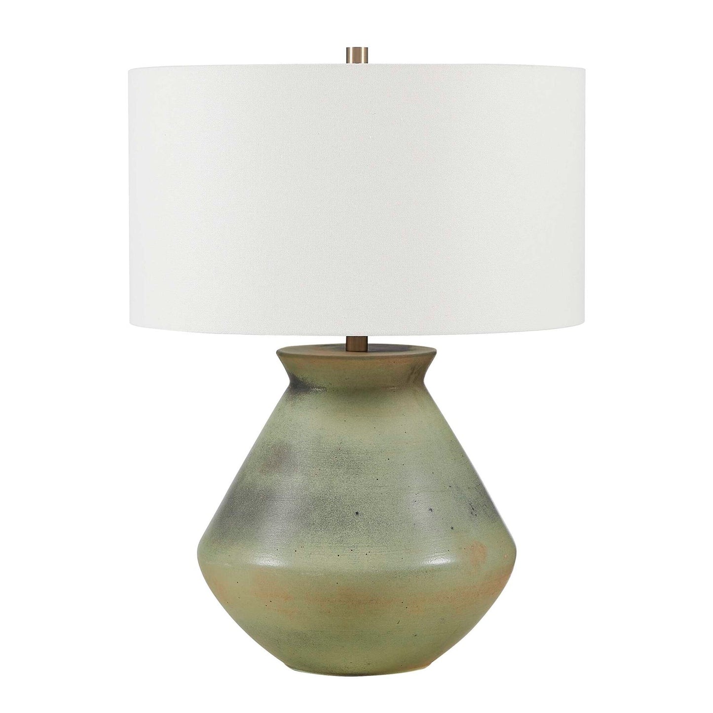 Uttermost Natrone 20in 1-Light Table Lamp | Distressed Sage Green Ceramic with Antique Brass and White Linen Shade | Living Room | Model 30743-1