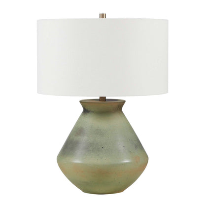 Uttermost Natrone 20in 1-Light Table Lamp | Distressed Sage Green Ceramic with Antique Brass and White Linen Shade | Living Room | Model 30743-1