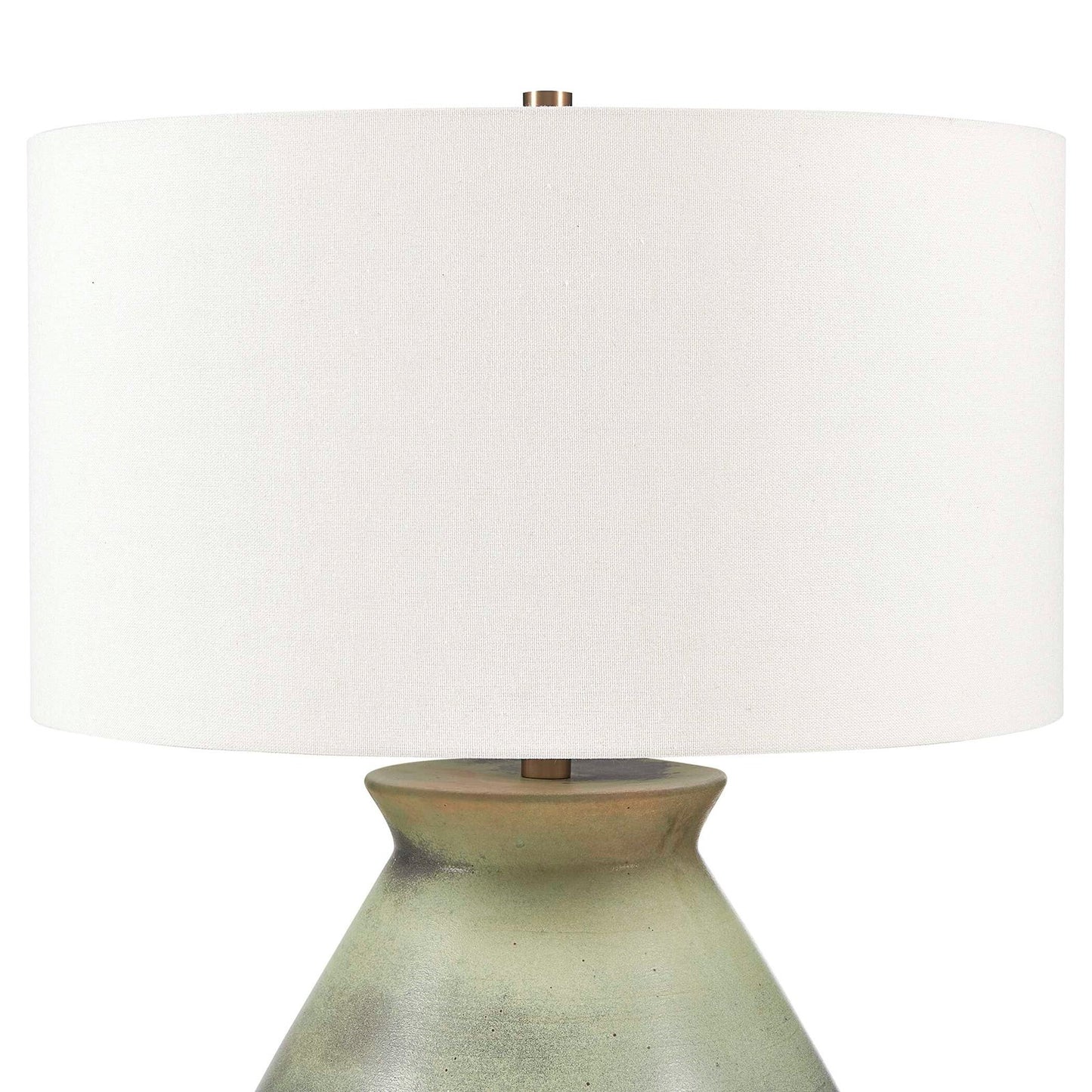 Uttermost Natrone 20in 1-Light Table Lamp | Distressed Sage Green Ceramic with Antique Brass and White Linen Shade | Living Room | Model 30743-1