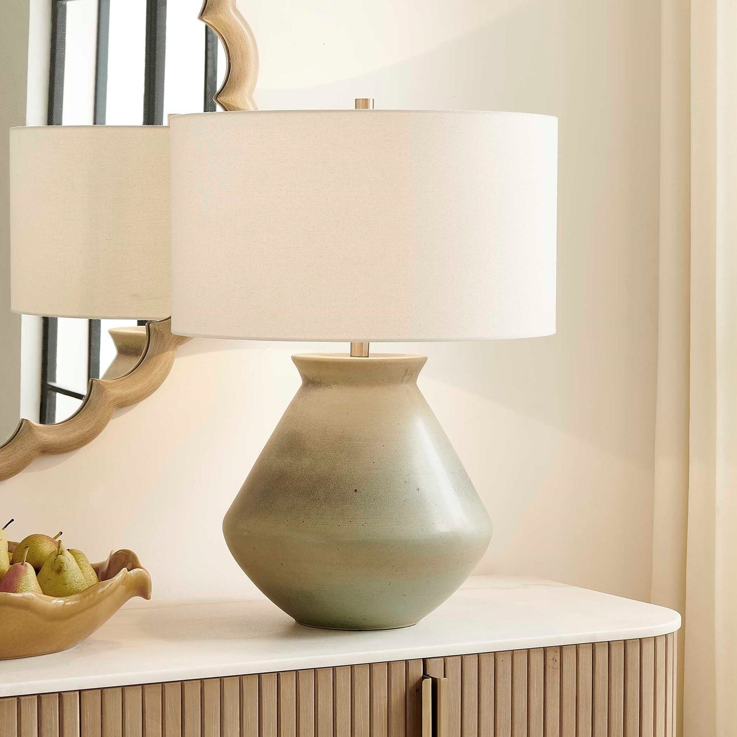 Uttermost Natrone 20in 1-Light Table Lamp | Distressed Sage Green Ceramic with Antique Brass and White Linen Shade | Living Room | Model 30743-1