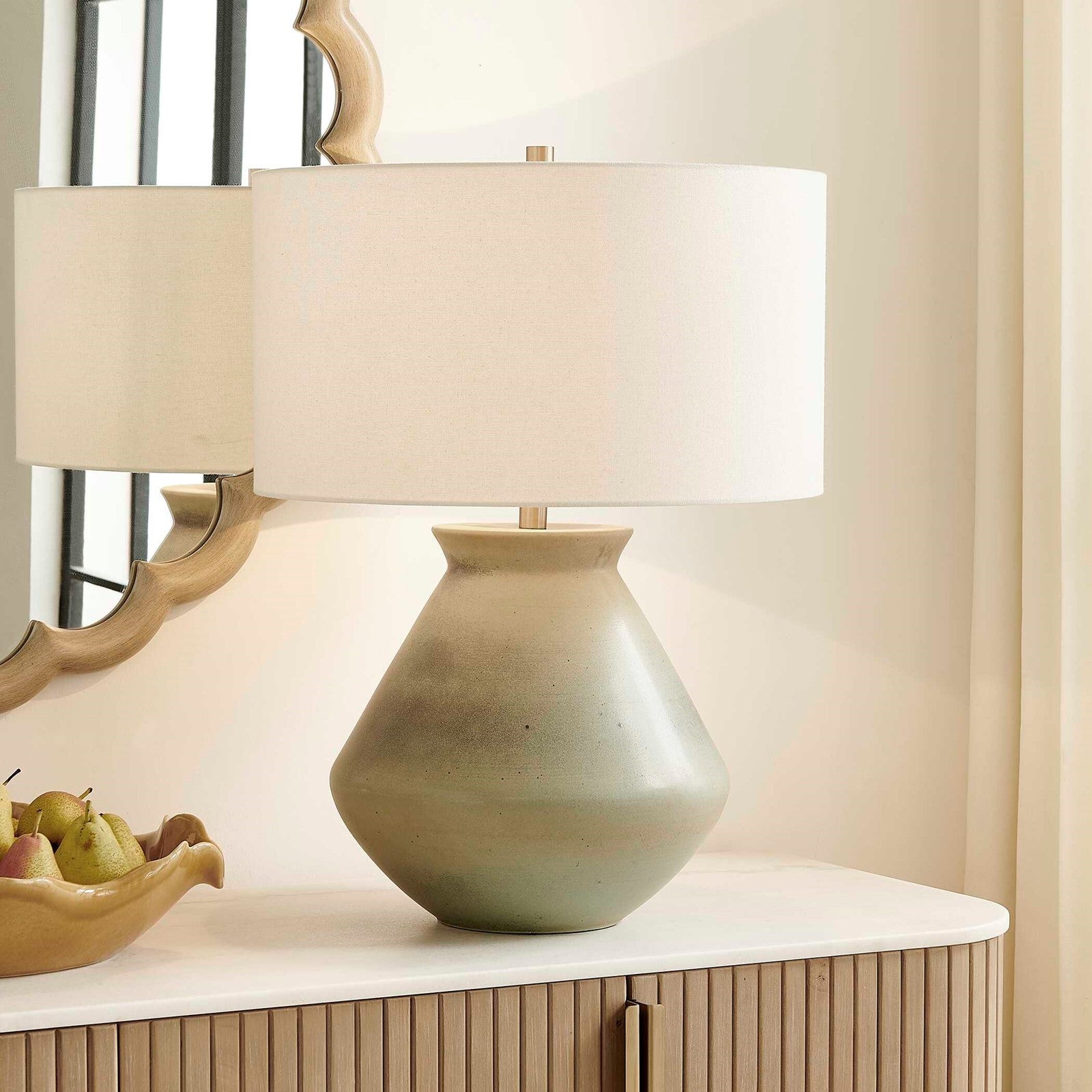 Uttermost Natrone 20in 1-Light Table Lamp | Distressed Sage Green Ceramic with Antique Brass and White Linen Shade | Living Room | Model 30743-1