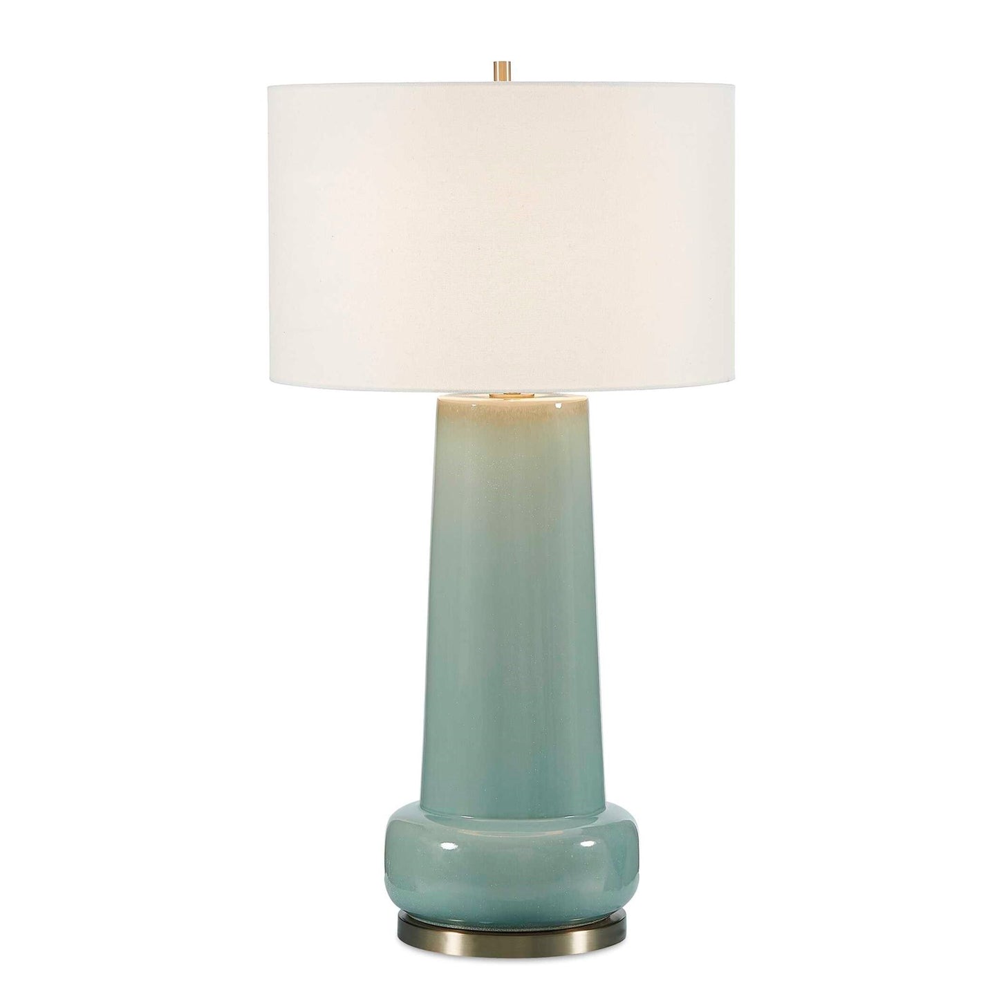 Uttermost Claudin 20in 1-Light Table Lamp | Glossy Aqua Blue Ceramic with Antique Brass and White Linen Shade | Living Room & Bedroom | Model 30745-1