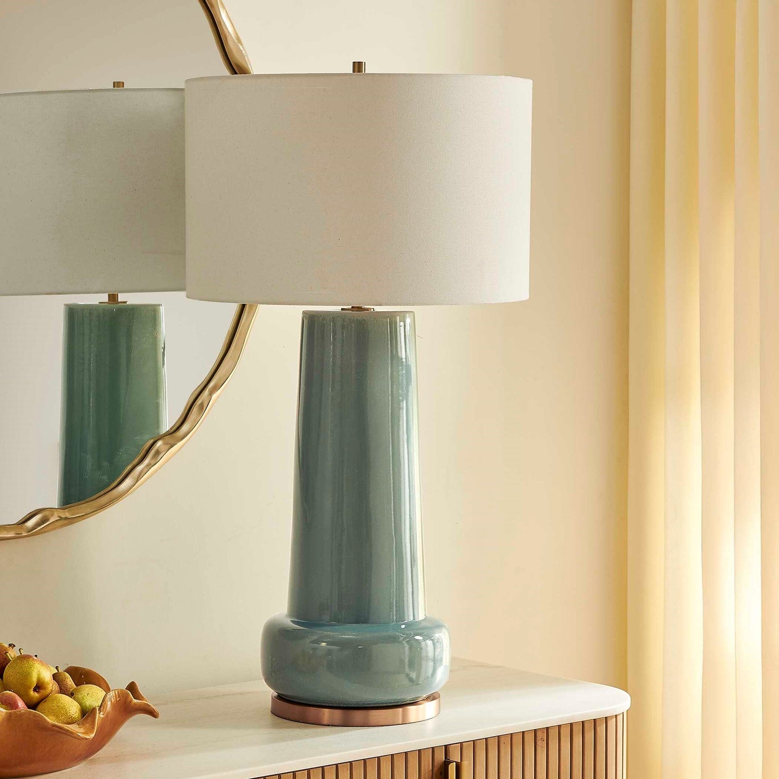 Uttermost Claudin 20in 1-Light Table Lamp | Glossy Aqua Blue Ceramic with Antique Brass and White Linen Shade | Living Room & Bedroom | Model 30745-1
