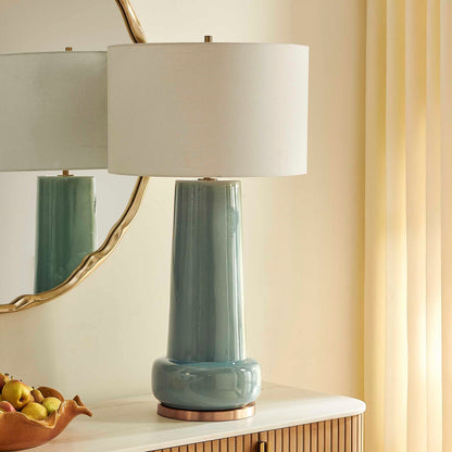Uttermost Claudin 20in 1-Light Table Lamp | Glossy Aqua Blue Ceramic with Antique Brass and White Linen Shade | Living Room & Bedroom | Model 30745-1