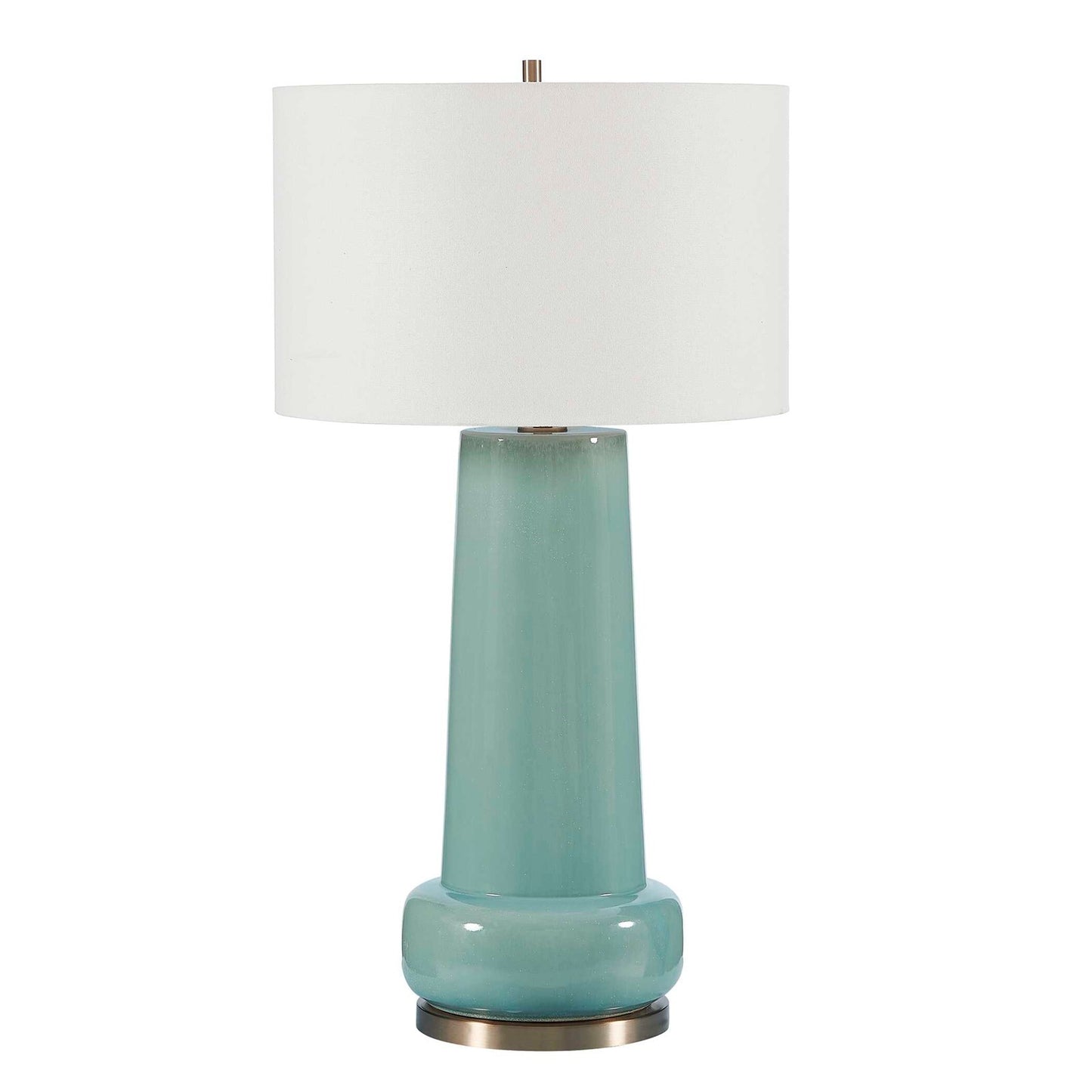 Uttermost Claudin 20in 1-Light Table Lamp | Glossy Aqua Blue Ceramic with Antique Brass and White Linen Shade | Living Room & Bedroom | Model 30745-1