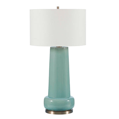 Uttermost Claudin 20in 1-Light Table Lamp | Glossy Aqua Blue Ceramic with Antique Brass and White Linen Shade | Living Room & Bedroom | Model 30745-1