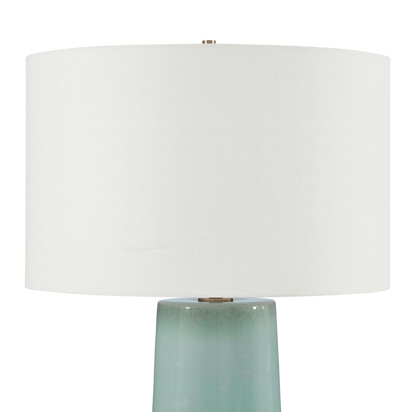 Uttermost Claudin 20in 1-Light Table Lamp | Glossy Aqua Blue Ceramic with Antique Brass and White Linen Shade | Living Room & Bedroom | Model 30745-1