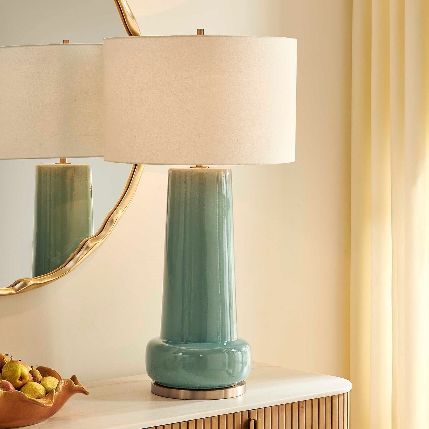Uttermost Claudin 20in 1-Light Table Lamp | Glossy Aqua Blue Ceramic with Antique Brass and White Linen Shade | Living Room & Bedroom | Model 30745-1