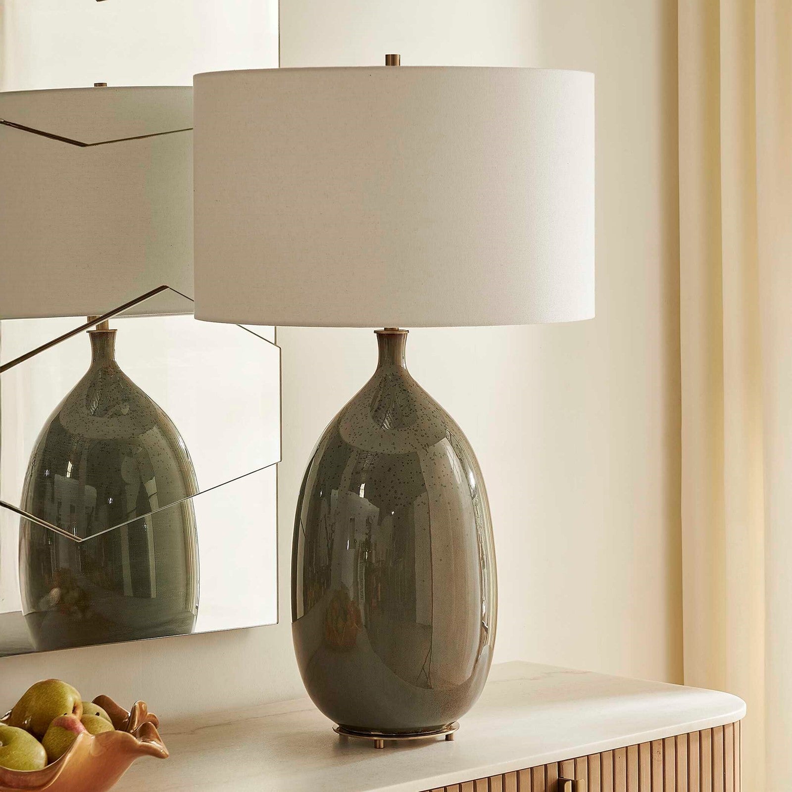 Uttermost Moultrie 20in 1-Light Table Lamp | Warm Gray Ceramic and Antique Brass | Living Room & Bedroom | 20 x 20 x 34.5 in | Model 30746-1