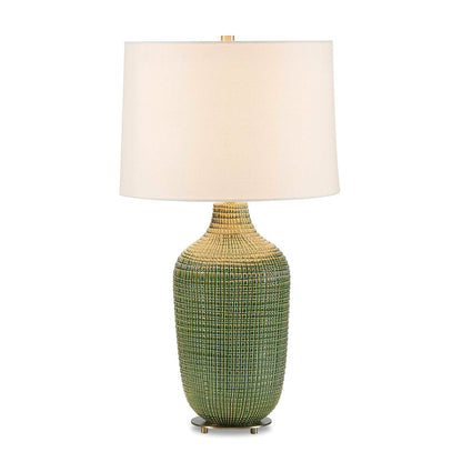 Uttermost Dulcich 16in 1-Light Table Lamp | Green Grid Ceramic and Antique Brass | Living Room & Bedroom | 16 x 16 x 28.75 in | Model 30755-1