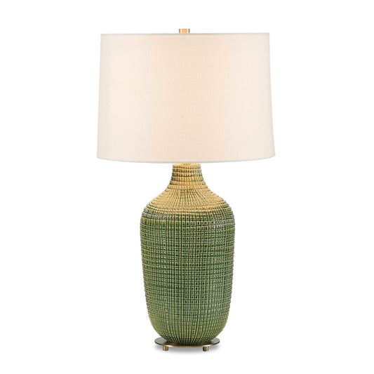 Uttermost Dulcich 16in 1-Light Table Lamp | Green Grid Ceramic and Antique Brass | Living Room & Bedroom | 16 x 16 x 28.75 in | Model 30755-1