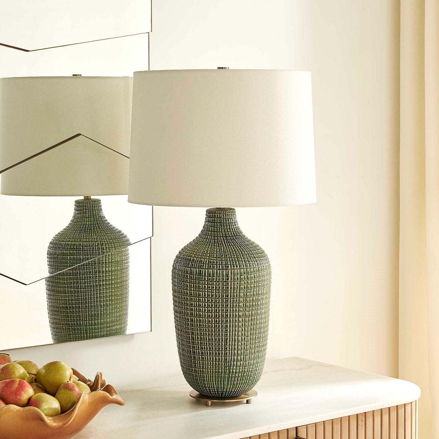 Uttermost Dulcich 16in 1-Light Table Lamp | Green Grid Ceramic and Antique Brass | Living Room & Bedroom | 16 x 16 x 28.75 in | Model 30755-1