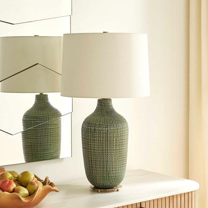 Uttermost Dulcich 16in 1-Light Table Lamp | Green Grid Ceramic and Antique Brass | Living Room & Bedroom | 16 x 16 x 28.75 in | Model 30755-1