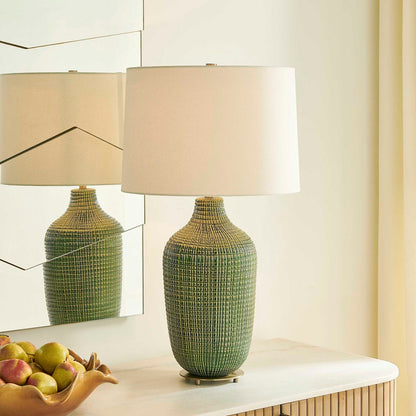 Uttermost Dulcich 16in 1-Light Table Lamp | Green Grid Ceramic and Antique Brass | Living Room & Bedroom | 16 x 16 x 28.75 in | Model 30755-1