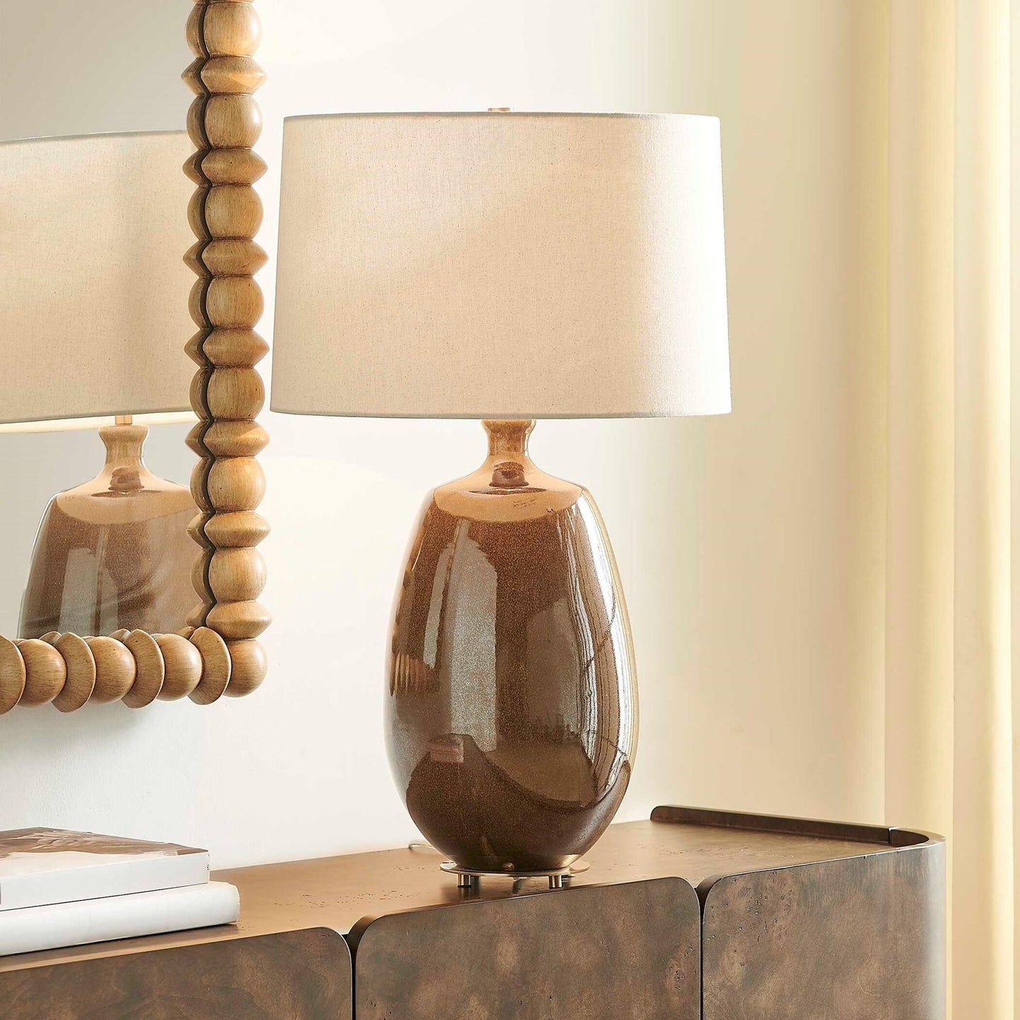 Uttermost Vinson 18in 1-Light Table Lamp | Glossy Brown Ceramic and Antique Brass | Living Room & Bedroom | 18 x 18 x 29.5 in | Model 30756-1