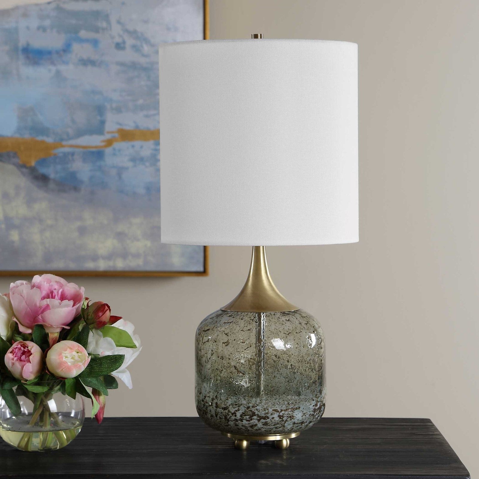 Uttermost Glenn 20.75in Table Lamp | Smokey Fern Green Glass and Antique Brass Iron | Living Room & Bedside | 10 x 10 x 20.75 in | Model 30762-1