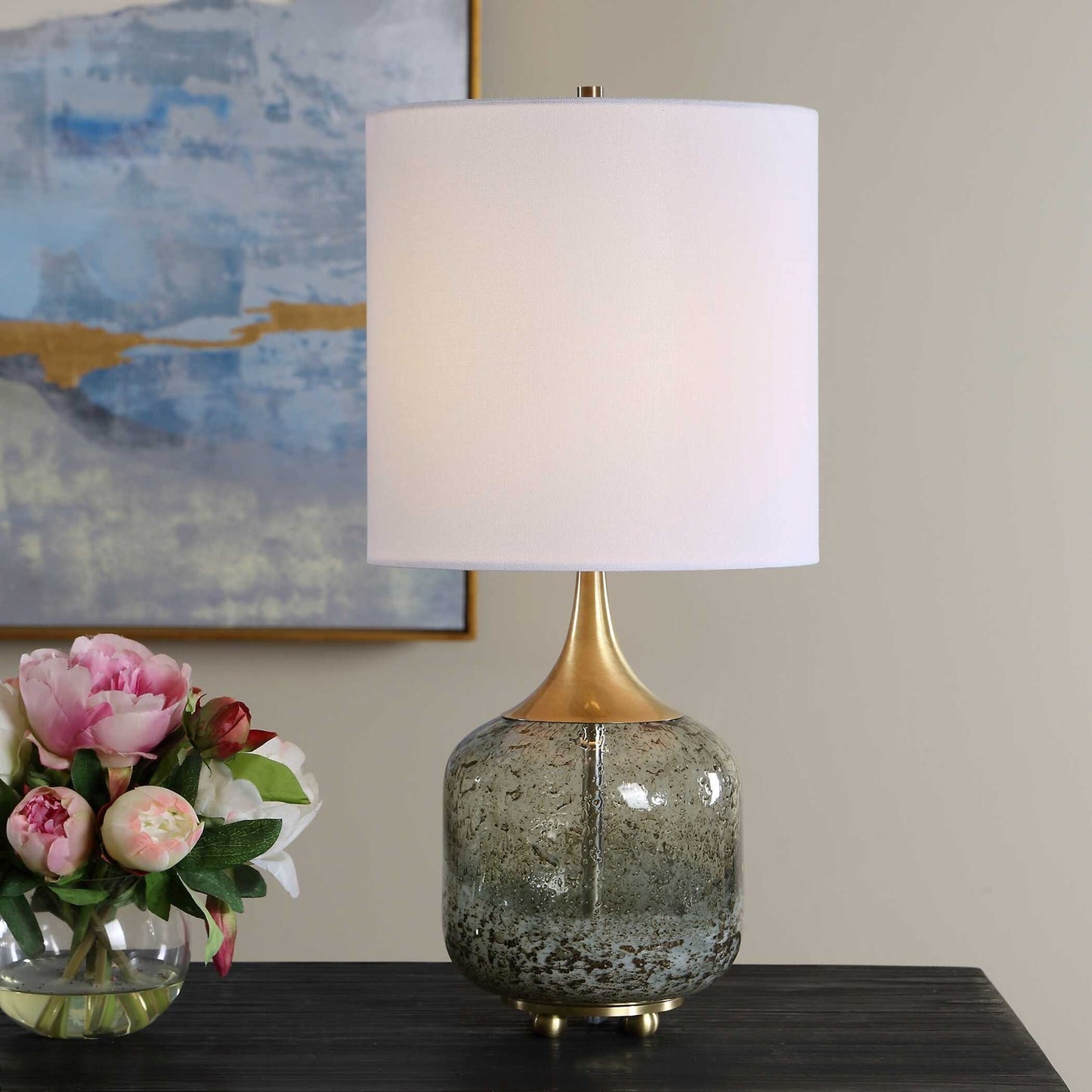Uttermost Glenn 20.75in Table Lamp | Smokey Fern Green Glass and Antique Brass Iron | Living Room & Bedside | 10 x 10 x 20.75 in | Model 30762-1