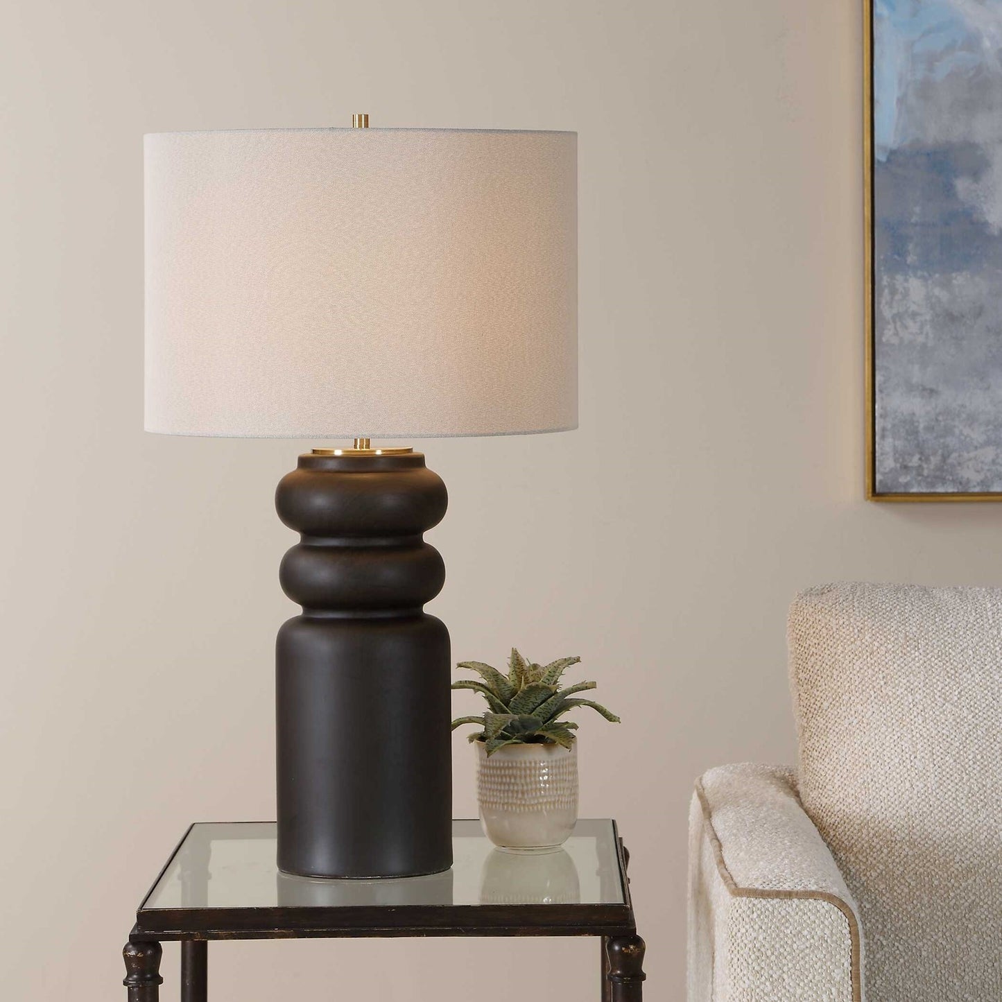 Uttermost Macon 17in 1-Light Table Lamp | Matte Black Ceramic and Antique Brass | Living Room & Bedroom | 17 x 17 x 29.5 in | Model 30769-1