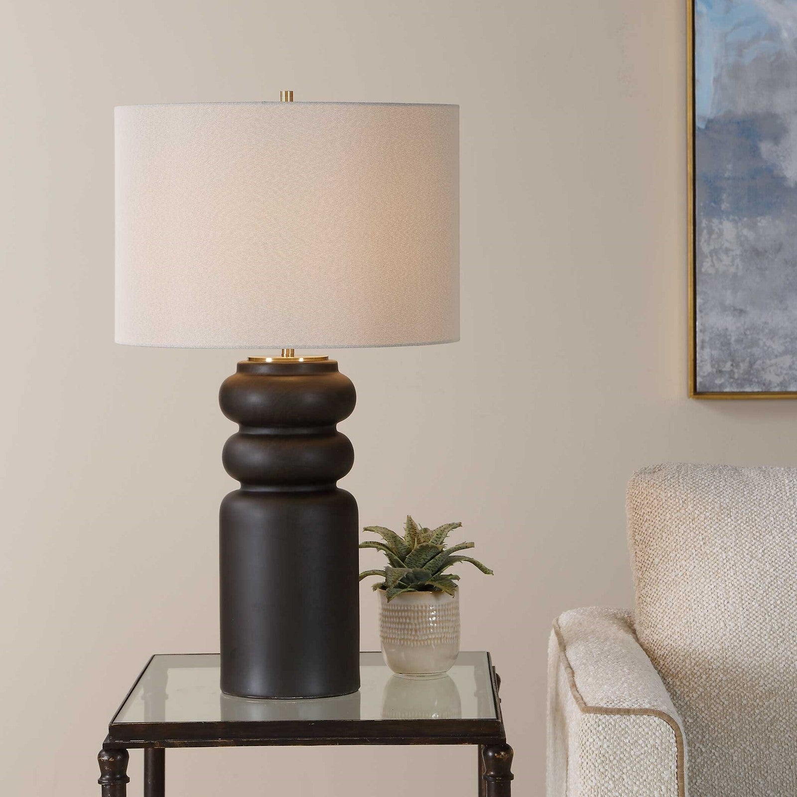 Uttermost Macon 17in 1-Light Table Lamp | Matte Black Ceramic and Antique Brass | Living Room & Bedroom | 17 x 17 x 29.5 in | Model 30769-1