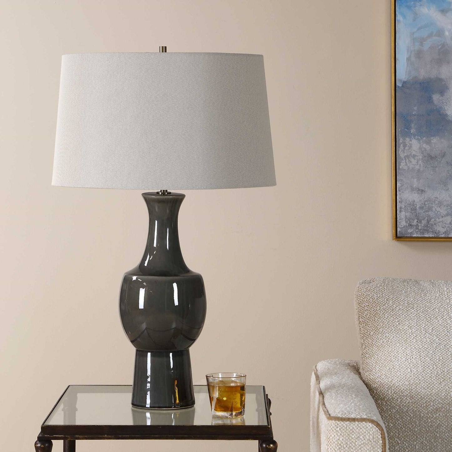 Uttermost Tennille 19in 1-Light Table Lamp | Warm Gray Ceramic and Antique Brass | Living Room & Bedroom | 19 x 19 x 31 in | Model 30771