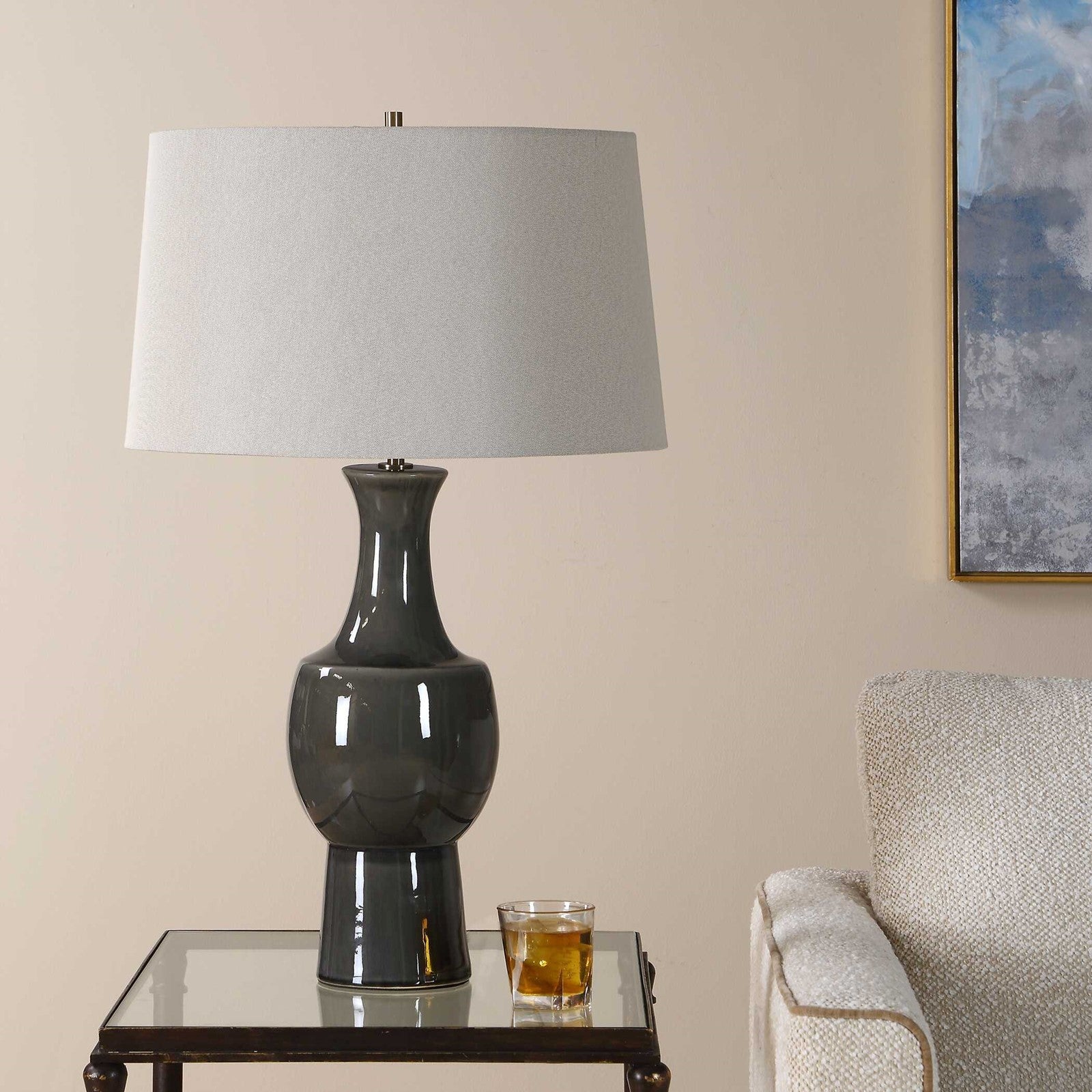 Uttermost Tennille 19in 1-Light Table Lamp | Warm Gray Ceramic and Antique Brass | Living Room & Bedroom | 19 x 19 x 31 in | Model 30771