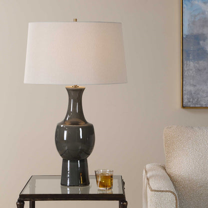 Uttermost Tennille 19in 1-Light Table Lamp | Warm Gray Ceramic and Antique Brass | Living Room & Bedroom | 19 x 19 x 31 in | Model 30771