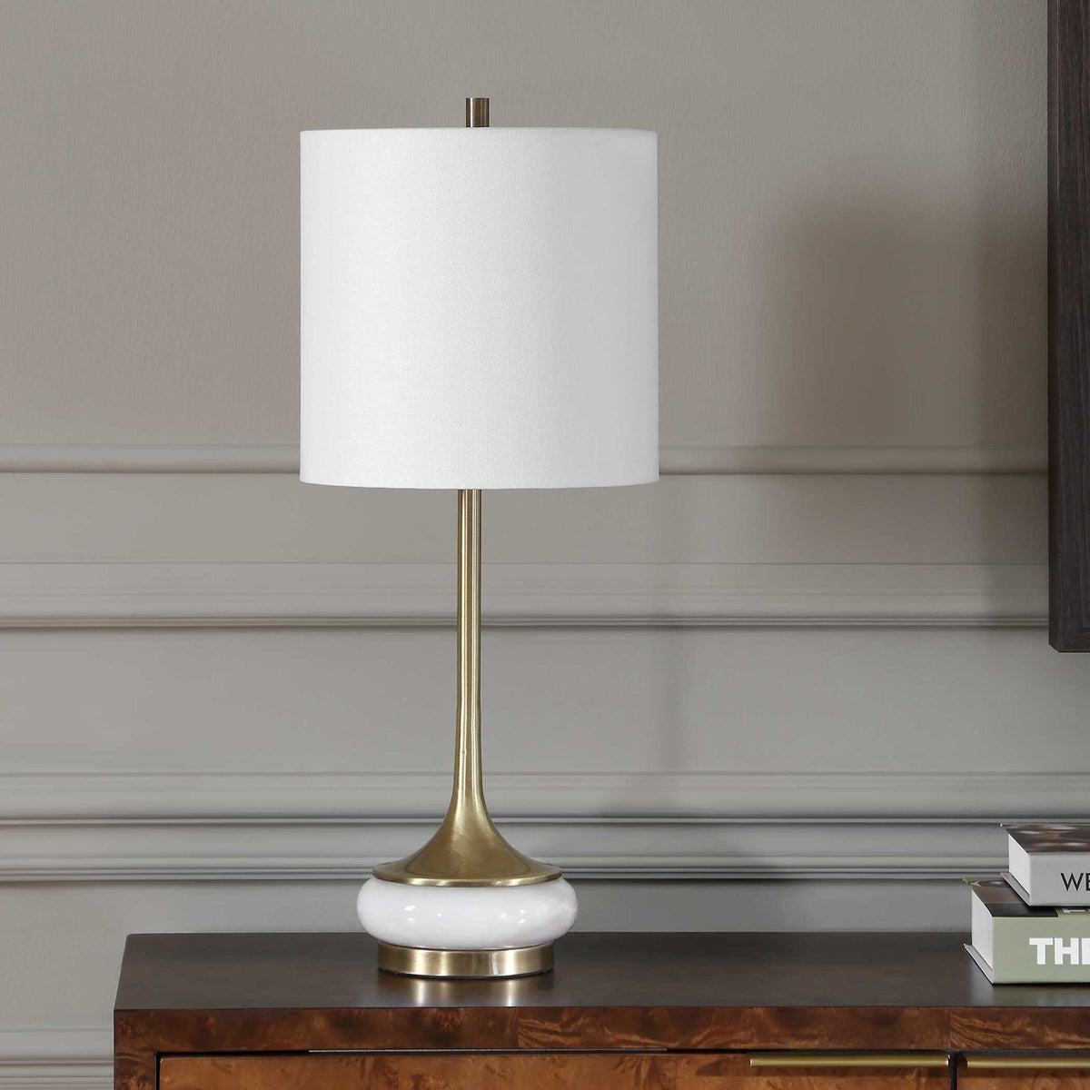 Uttermost Molena 21.75in 1-Light Table Lamp | Antique Brass and Pearly Stone | Living Room & Bedroom | 9 x 9 x 21.75 in | Model 30820-1