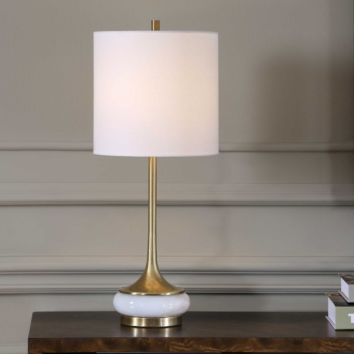 Uttermost Molena 21.75in 1-Light Table Lamp | Antique Brass and Pearly Stone | Living Room & Bedroom | 9 x 9 x 21.75 in | Model 30820-1